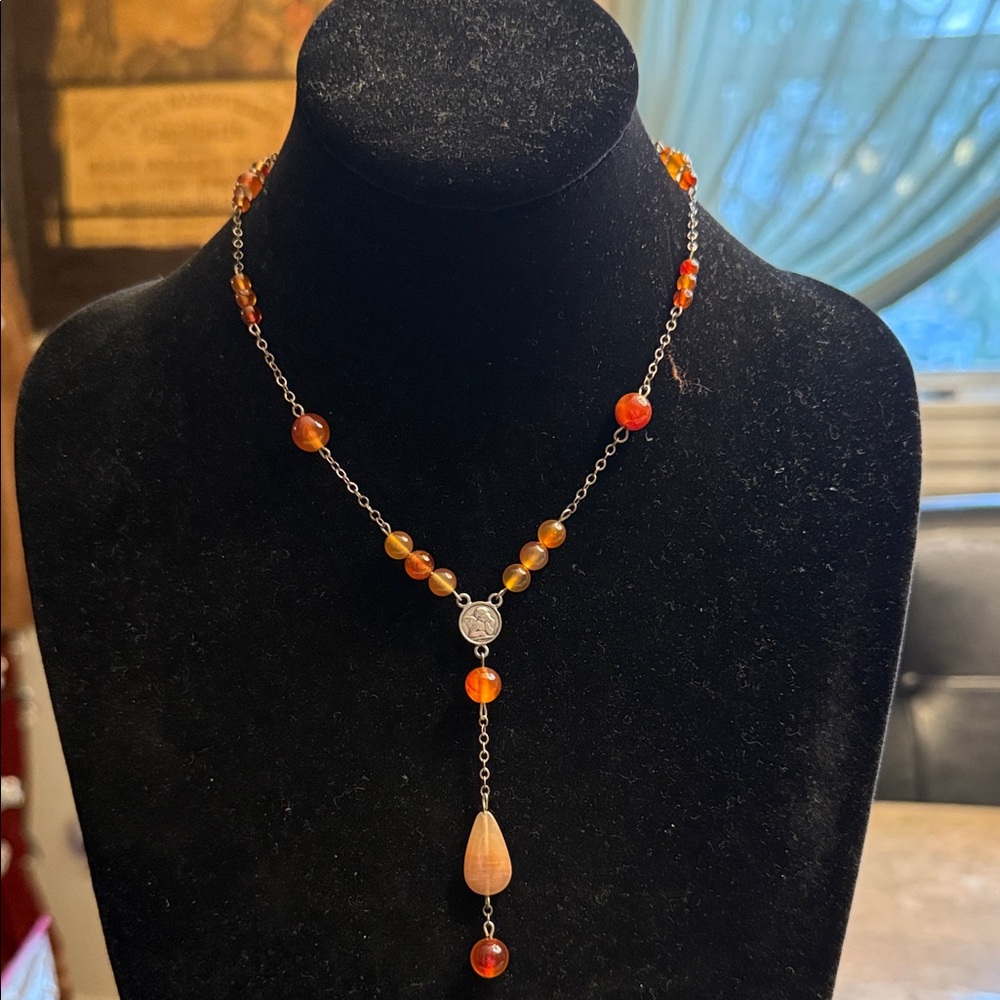 Vintage genuine, carnelian Y necklace with angel figure sterling metal chain
